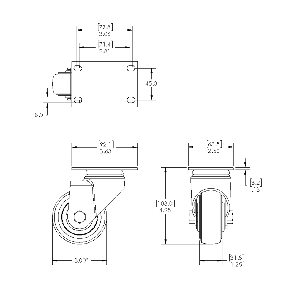 31-SPD3-5 MODULAR SOLUTIONS ALUMINUM CASTER<br>3" SWIVEL TOP PLATE W/ HARDWARE